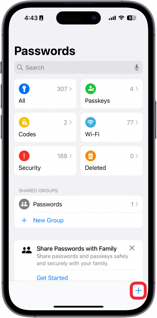 iPhone -Passwörter -App mit einem roten Box um plus Symbol
