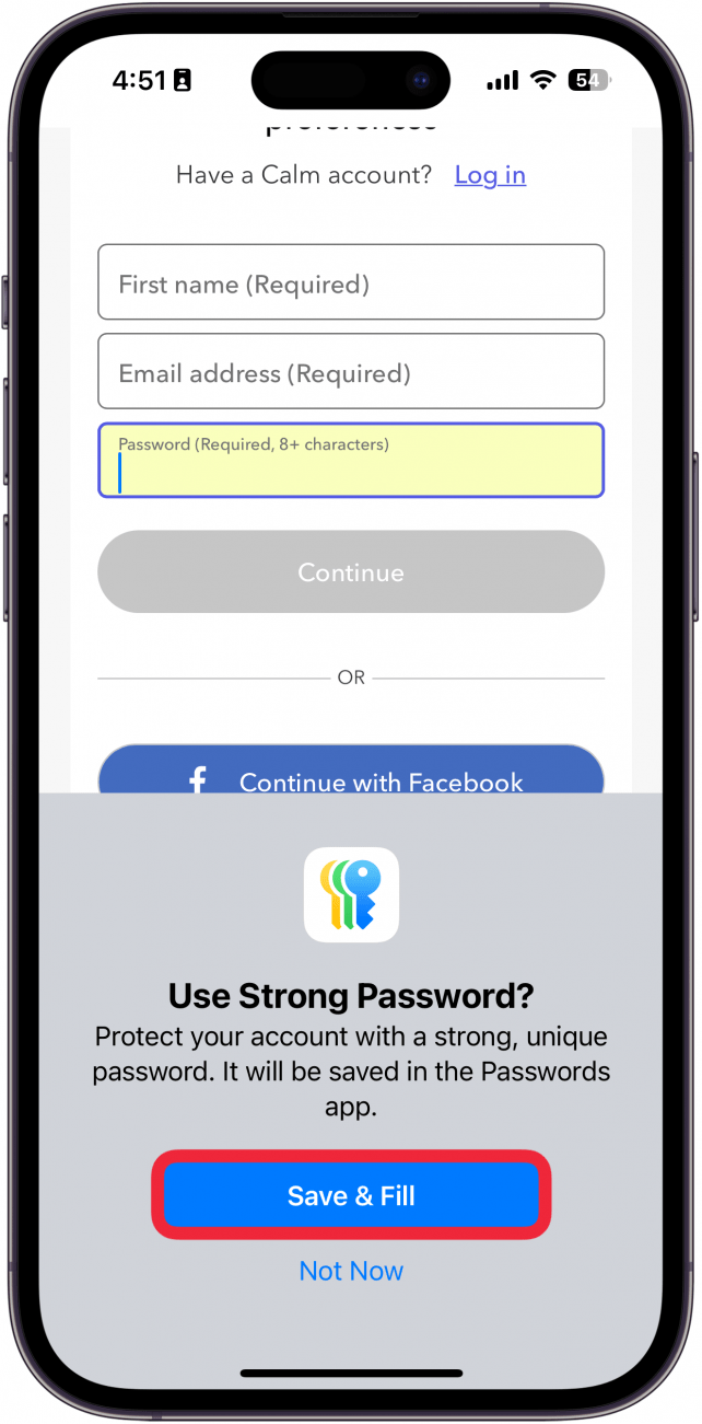 iPhone Safari -Website Erstellen Sie einen Kontobildschirm, in dem ein Pop -up angezeigt wird, um den Benutzer zu einem sicheren Kennwort zu generieren und in der Passwort -App zu speichern