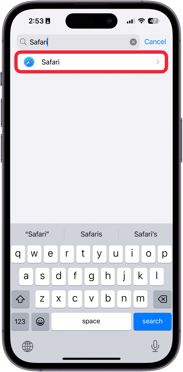 iPhone -Einstellungsliste mit einem roten Box um Safari