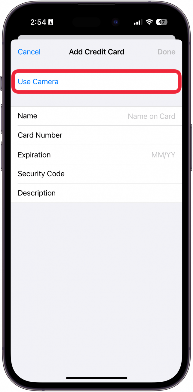 iPhone Autofill -Einstellungen Fügen Sie einen neuen Kartenbildschirm mit einem roten Box um die Kamera -Schaltfläche Fügen Sie hinzu