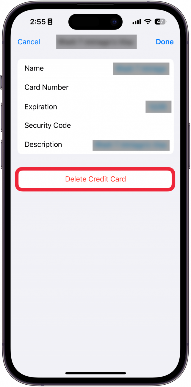 iPhone Autofill -Einstellungen mit Karteninformationen mit einem roten Box um die Schaltfläche Kreditkarten löschen