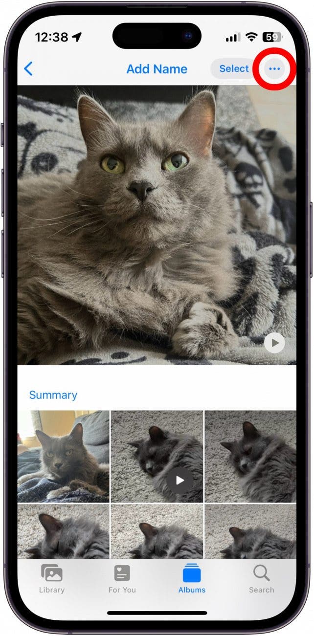 Fotos App Pet Album mit drei Punktsymbolen rot eingekreist