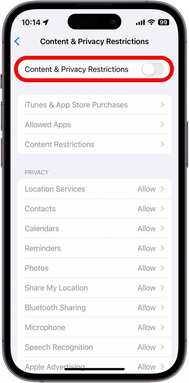 iPhone -Inhalt und Datenschutzbeschränkungen mit grauem Umschalten oben im Menü kreisten rot