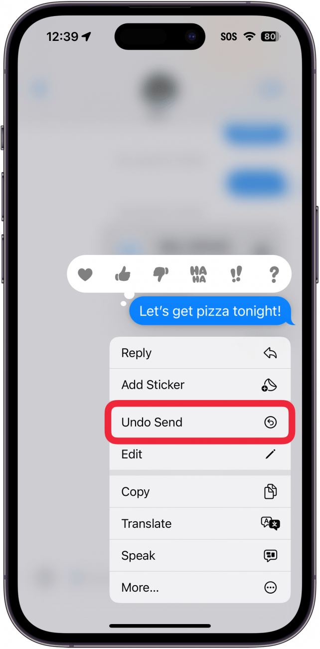 iPhone iMessage mit einem Menü nach langem Drücken eines Text