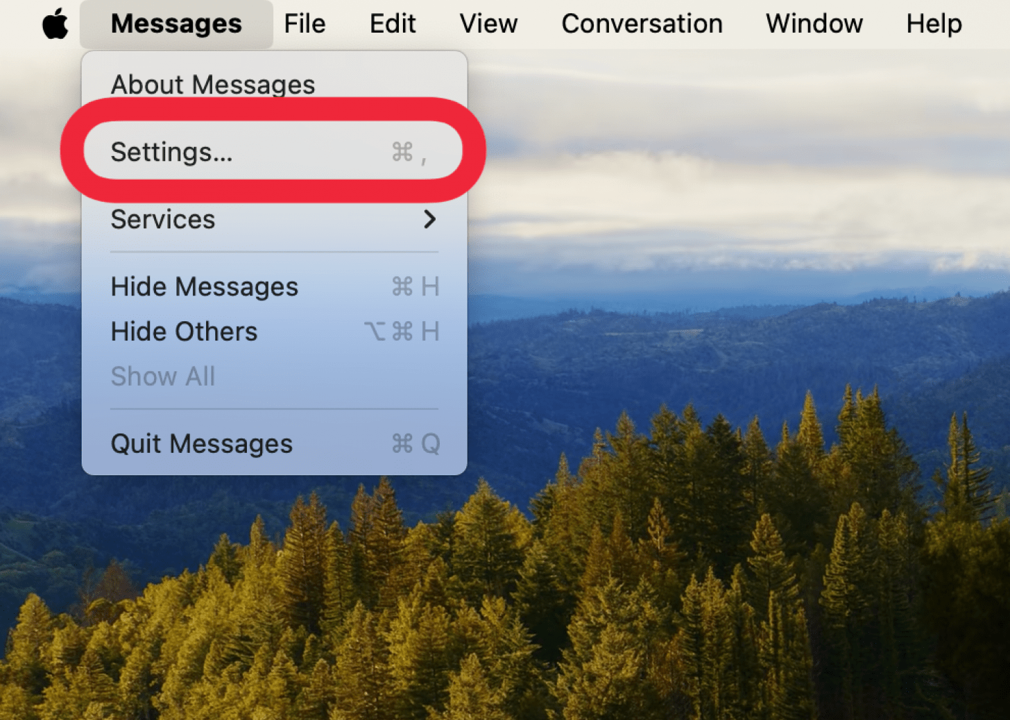 Der Mac -Startbildschirm mit einem Dropdown -Menü aus der Taskleiste unter Nachrichten mit einem roten Feld um Einstellungenschaltflächen