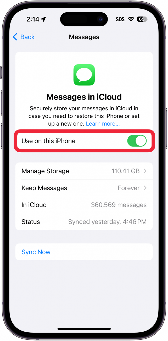 iPhone -Nachrichten in iCloud -Einstellungen mit einem roten Box auf diesem iPhone -Umschalter