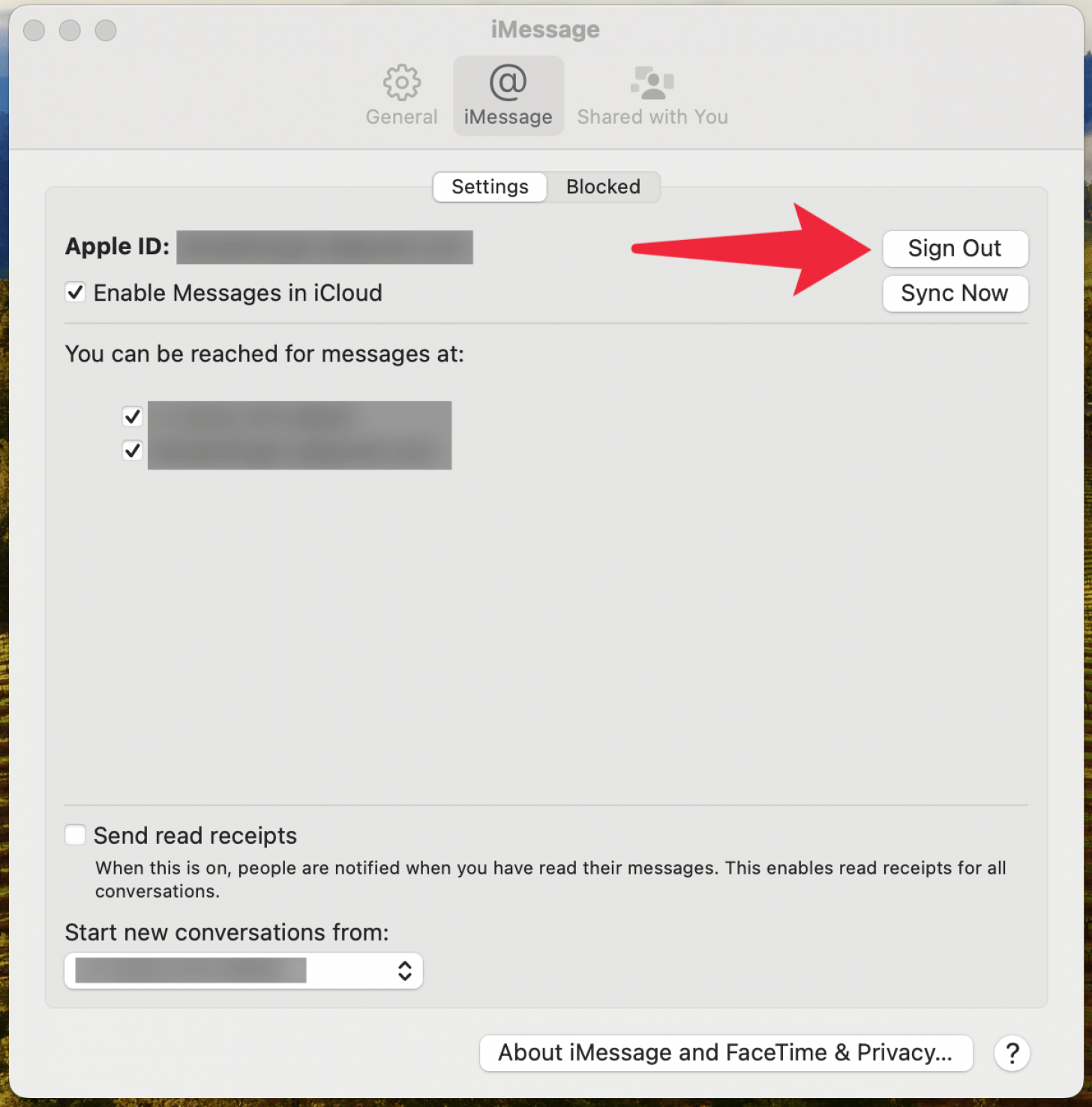 MAC IMESSAGE -Einstellungen mit einem roten Pfeil, der auf die Schaltfläche Anmelden zeigt