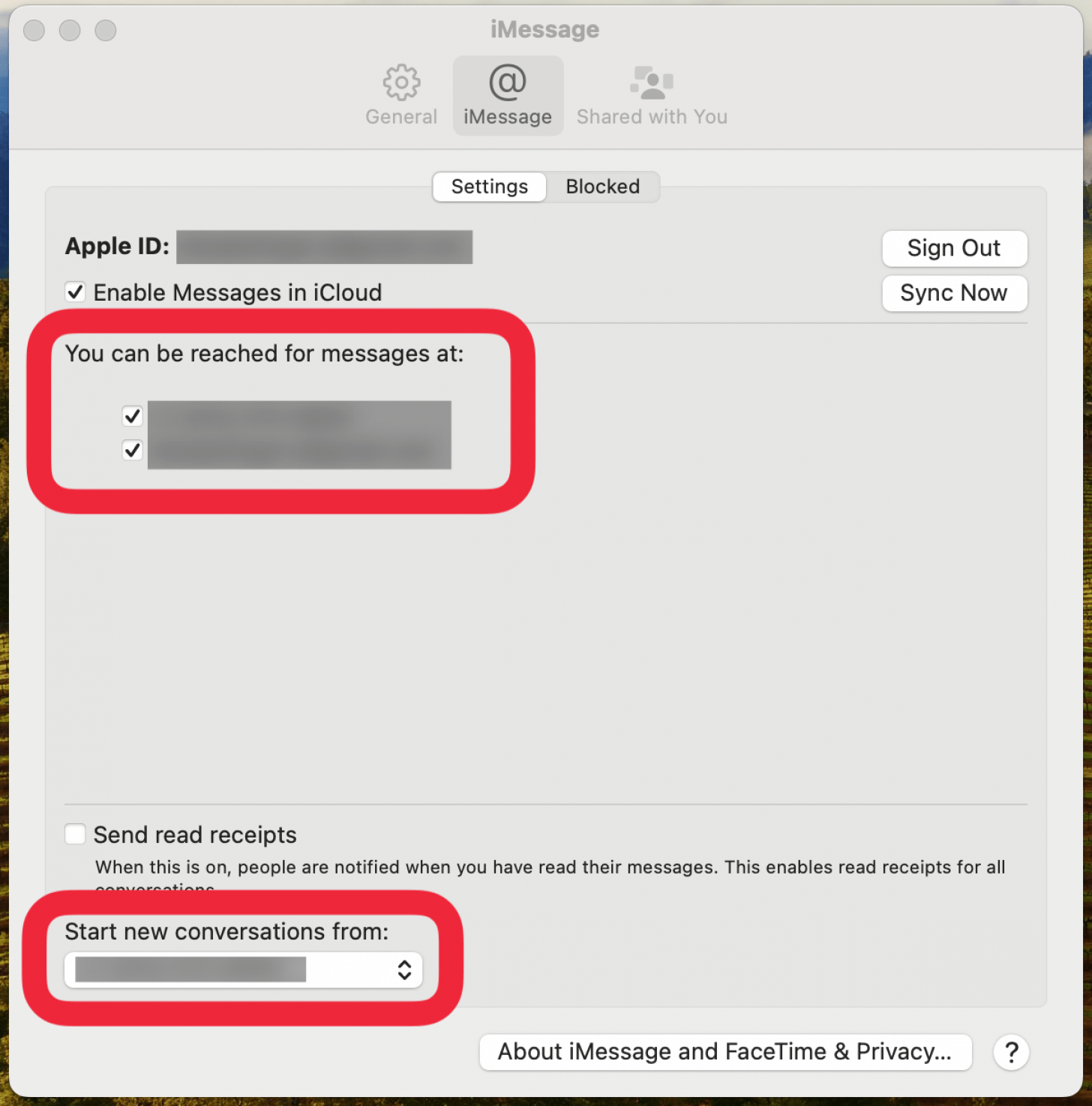 MAC IMESSAGE -Einstellungen mit roten Kästchen in der Umgebung können für Nachrichten erreicht werden und neue Gespräche aus Schaltflächen starten