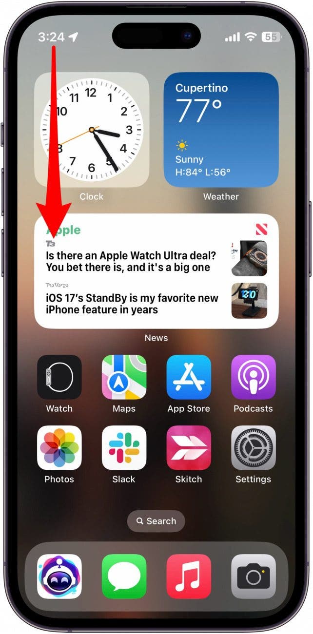 iPhone -Startbildschirm mit rotem Pfeil, der von der oberen linken Kante nach unten zeigt, was darauf hinweist, von der oberen rechten Kante nach unten zu wischen