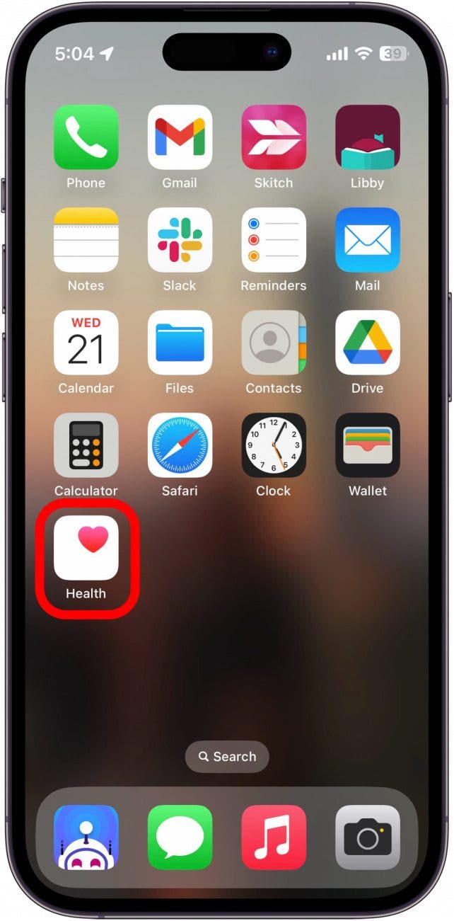 Screenshot des iPhone -Startbildschirms mit Gesundheits -App rot umkreist