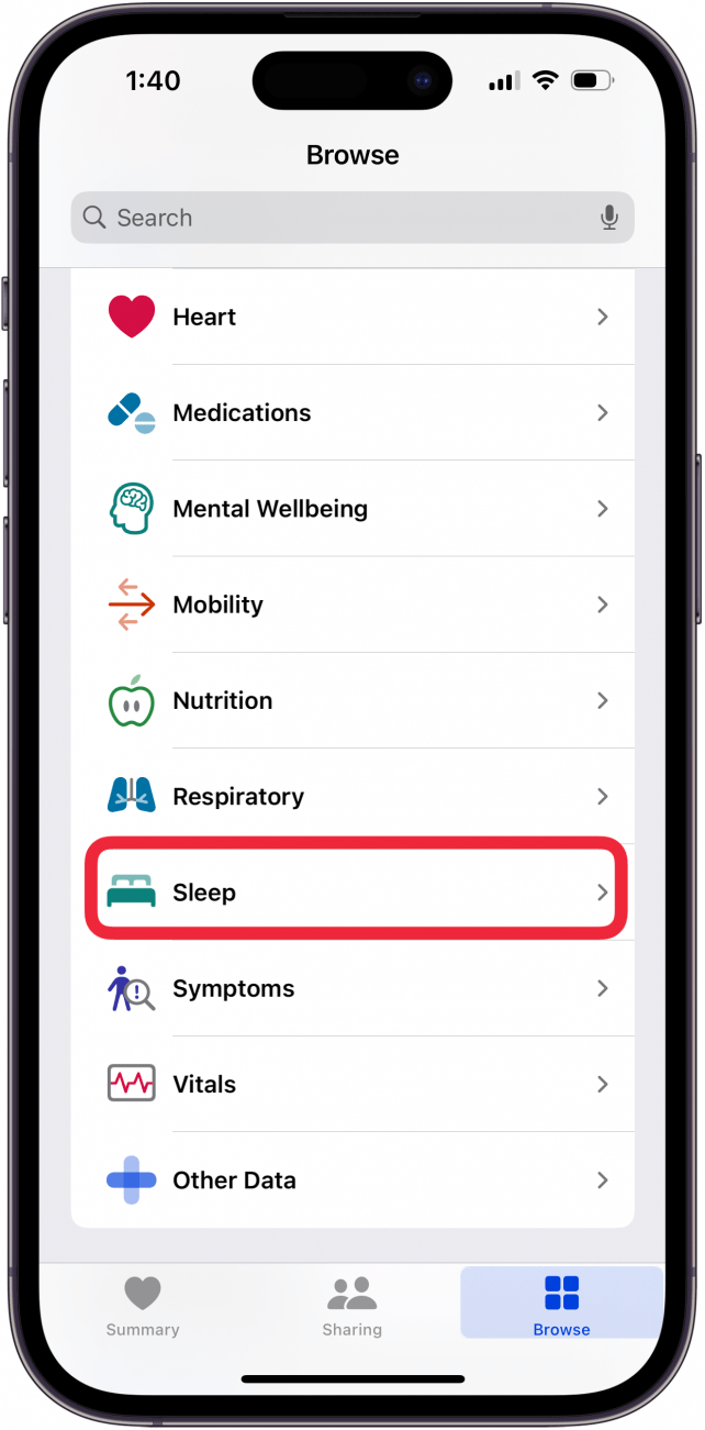 Tippen Sie auf den Schlaf in der Gesundheits -App