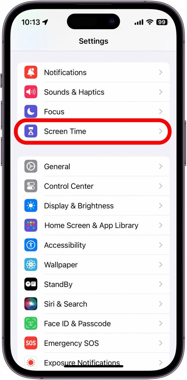 iPhone -Einstellungen mit Bildschirmzeit rot eingekreist