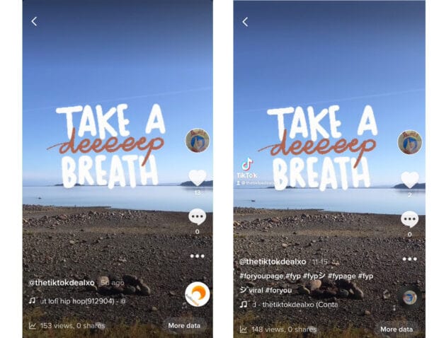 comparaci&oacute;n de dos videos de TikTok con y sin hashtags