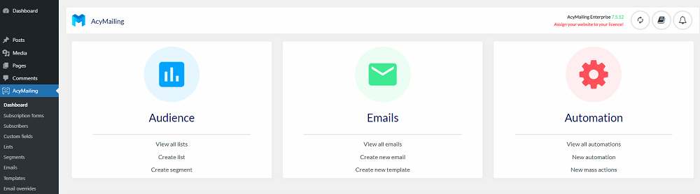 panel de control acymailing
