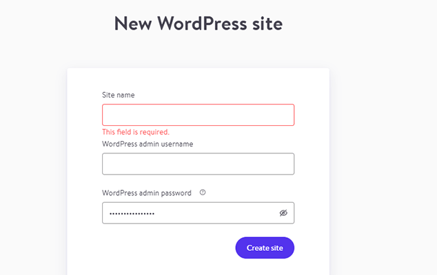 DevKinsta - Establecer nombre, contraseña y sitio