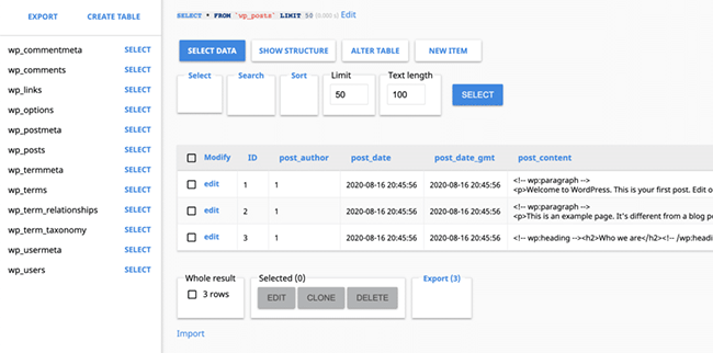 Administrador de base de datos DevKinsta