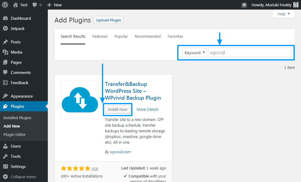 instalar el complemento de copia de seguridad wpvivid dentro del panel de administración de WordPress