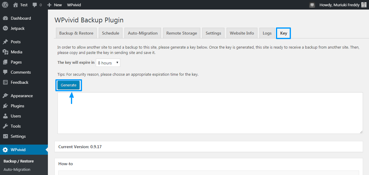 generando la clave de migración del complemento de copia de seguridad wpvivid