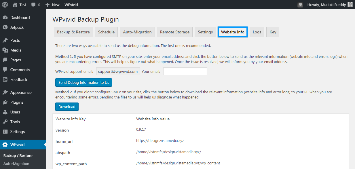 Información del sitio web wpvivid para fines de depuración