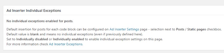 Configuración del insertador de anuncios: excepciones