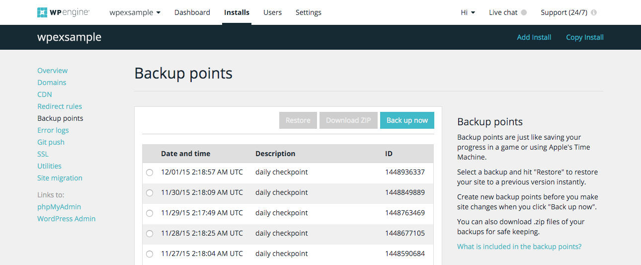 Copias de seguridad de WP Engine