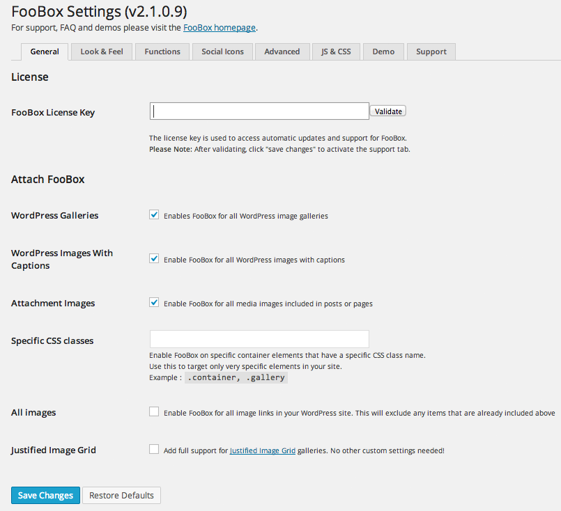 Configuración general de Foobox