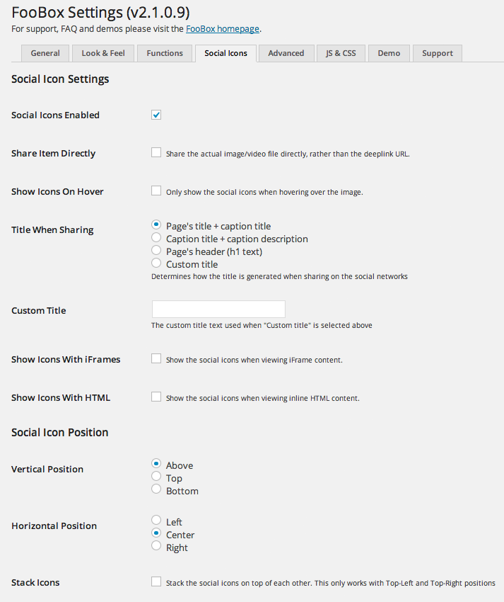 Configuración de los iconos sociales de Foobox