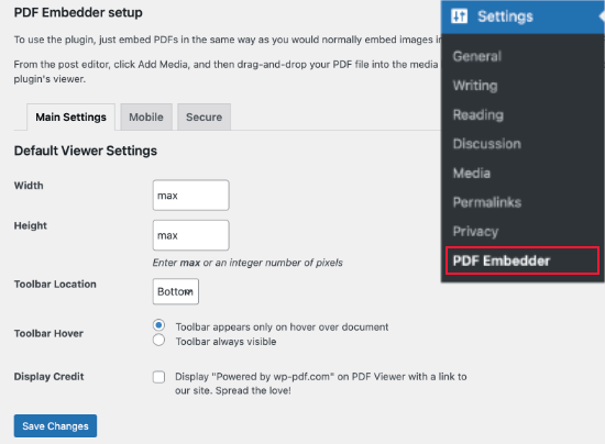 Configuración del incrustador de PDF