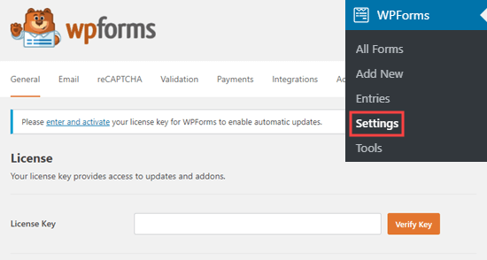 Ingrese la clave de licencia de WPForms