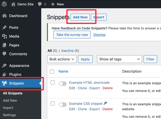Haga clic en el botón Agregar nuevo para agregar su primer fragmento de código personalizado en WordPress