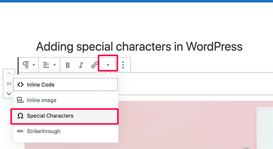 Abrir el menú de caracteres especiales en el editor de bloques