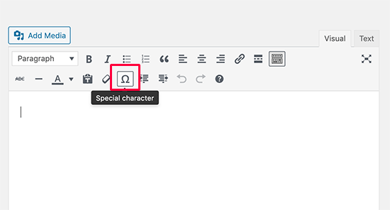 Botón de caracteres especiales en el editor antiguo