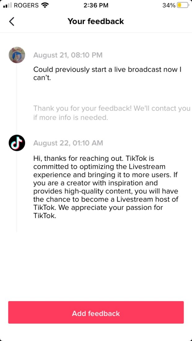 Pantalla de envío de comentarios en TikTok