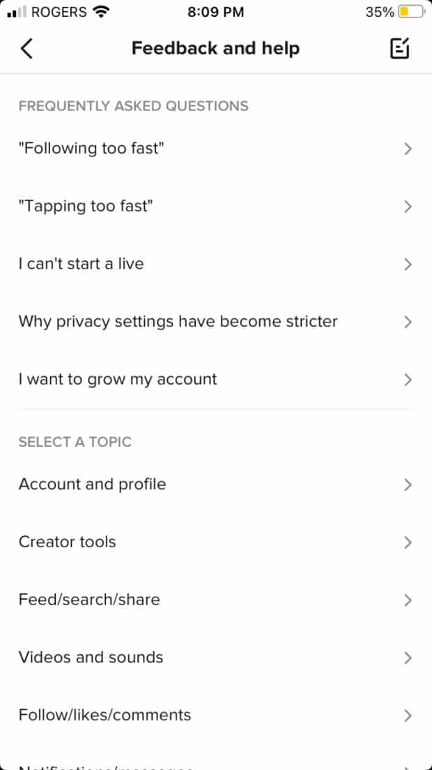 Pantalla de ayuda y comentarios en TikTok