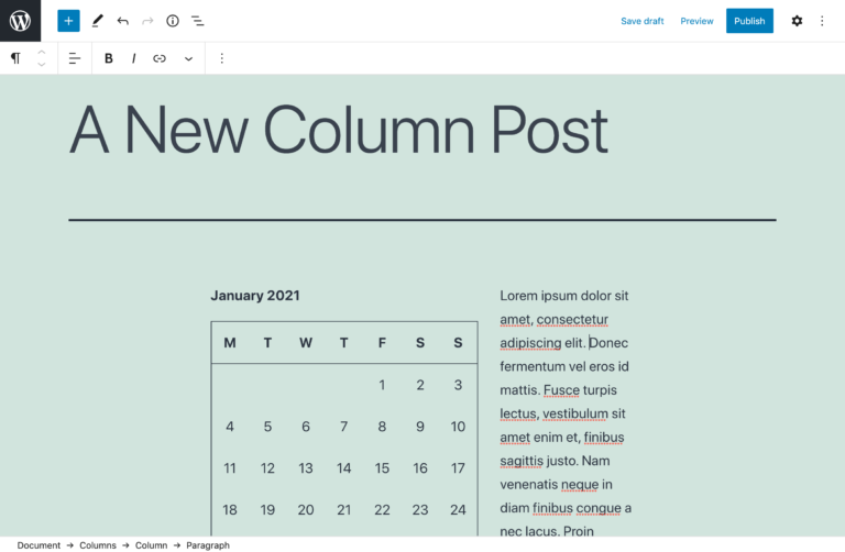 Un bloque de columnas con bloques de calendario y párrafos en el editor de bloques