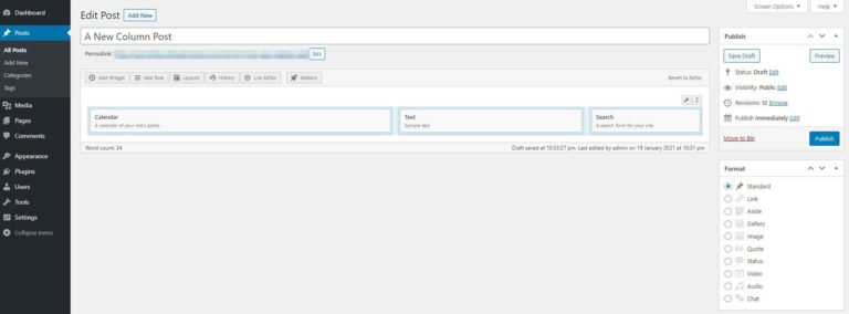 Una publicación de columna de Page Builder, llena de widgets