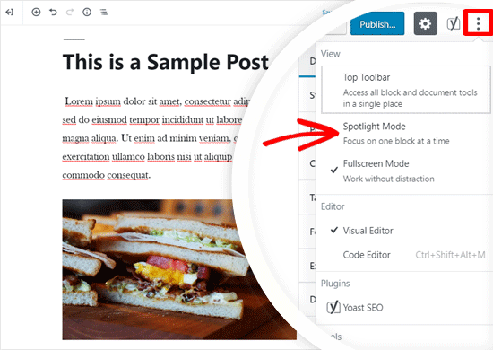 Habilitar el modo Spotlight en el editor de WordPress