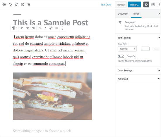 Modo de foco habilitado en el editor de WordPress
