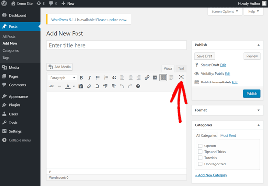 Modo de escritura sin distracciones en el editor clásico de WordPress
