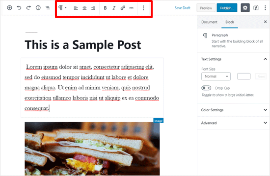 Barra de herramientas superior habilitada en el editor de publicaciones de WordPress