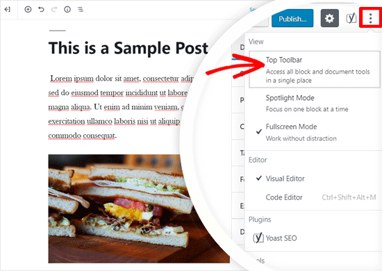 Opción de la barra de herramientas superior en el editor de WordPress