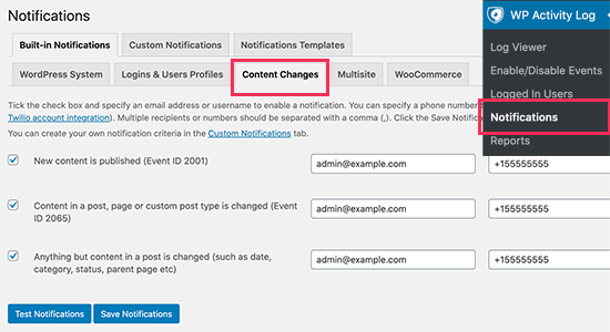 Configuración de notificaciones de cambio de contenido en el registro de actividad de WP
