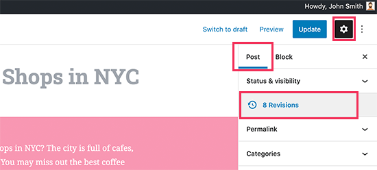 Abrir revisiones para una publicación o página en WordPress