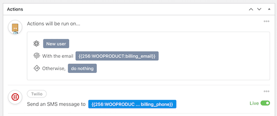 Configuración de acción y disparo completo de Twilio
