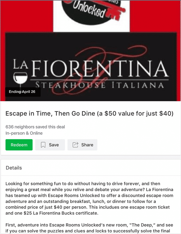 Anuncio de oferta local del restaurante La Fiorentina