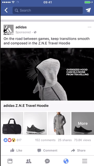 Captura de pantalla de un anuncio de colección de feeds de Facebook