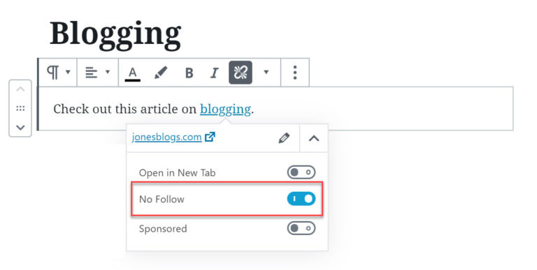 Complemento de Gutenberg Agregar enlaces Nofollow