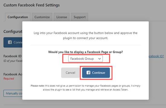 Seleccione Grupo de Facebook en el menú desplegable y haga clic para continuar