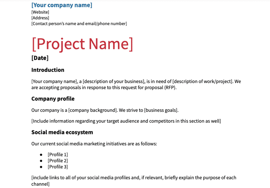 Plantilla RFP de redes sociales con nombre de empresa y proyecto