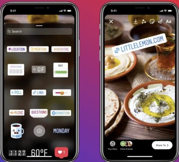 Menú de pegatinas de la historia de Instagram que incluye una pegatina de enlace
